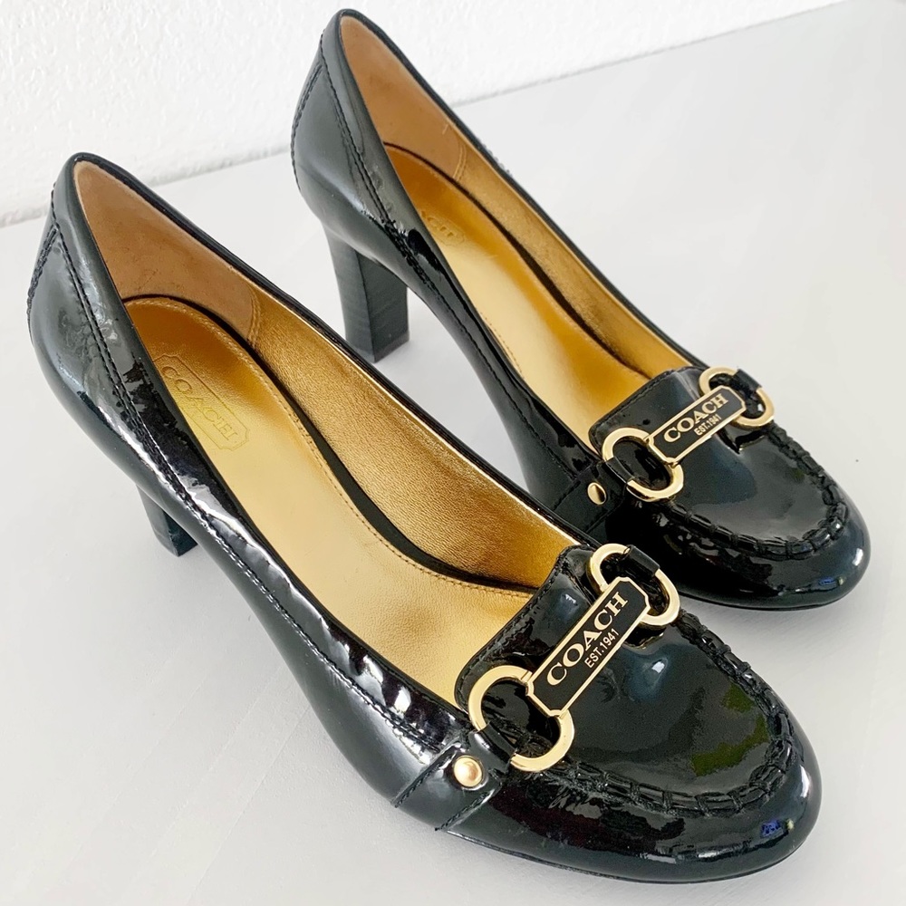 Coach Black Patent Leather Block Heel Pumps with Gold Logo Accents